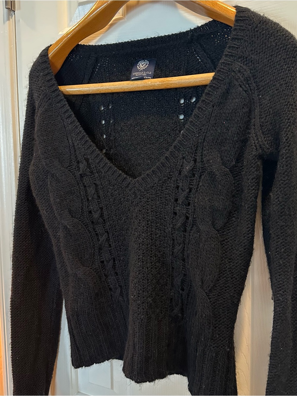 American Eagle Outfitters Black Cable-Knit V-Neck Sweater